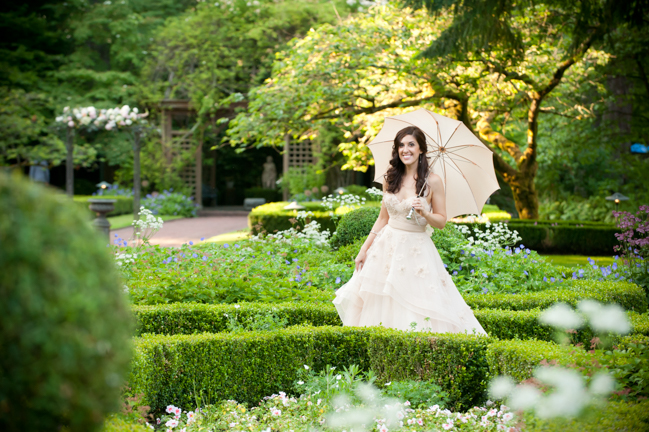 bride walking in garden