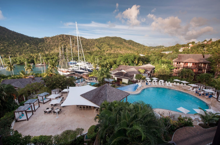 view of the pool and marina at Marigot Bay Resort and Marina by Capella in St. Lucia