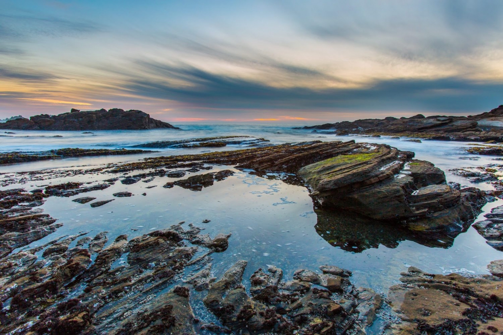 tide pools at california's weston beach in point lobos state park at sunset