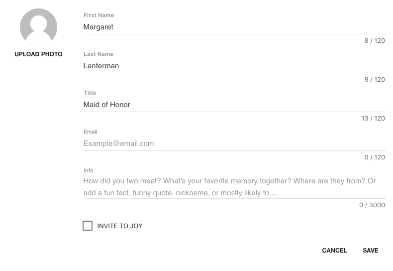 enter wedding party member info