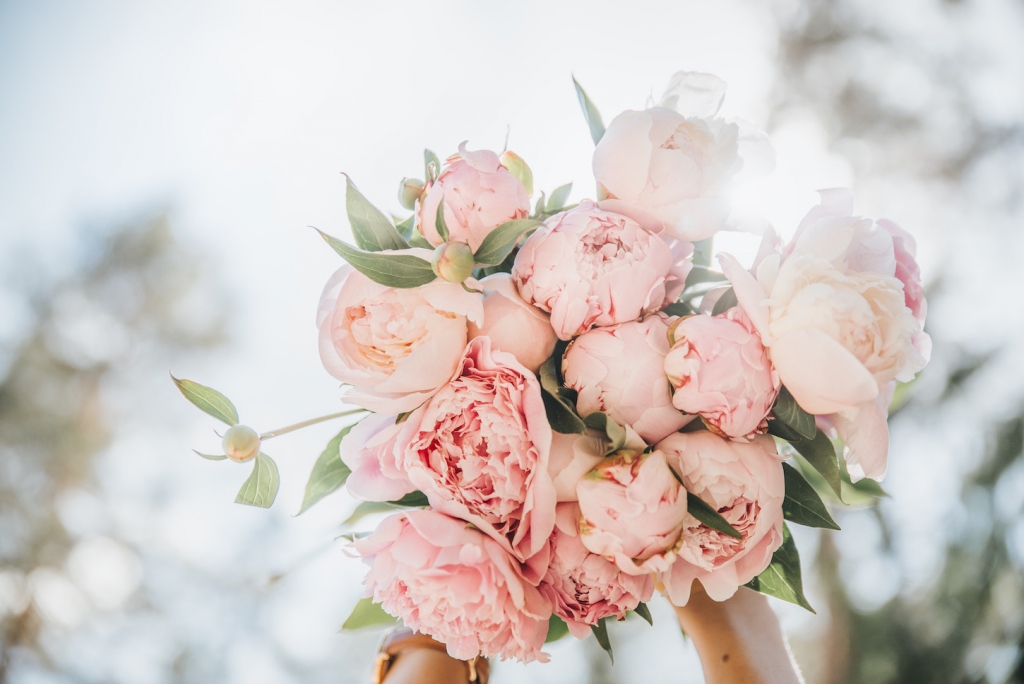 pink peonies in bridal bouquet