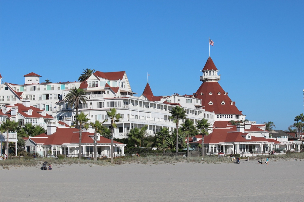 the beach and exterior of san diego california's hotel del coronado
