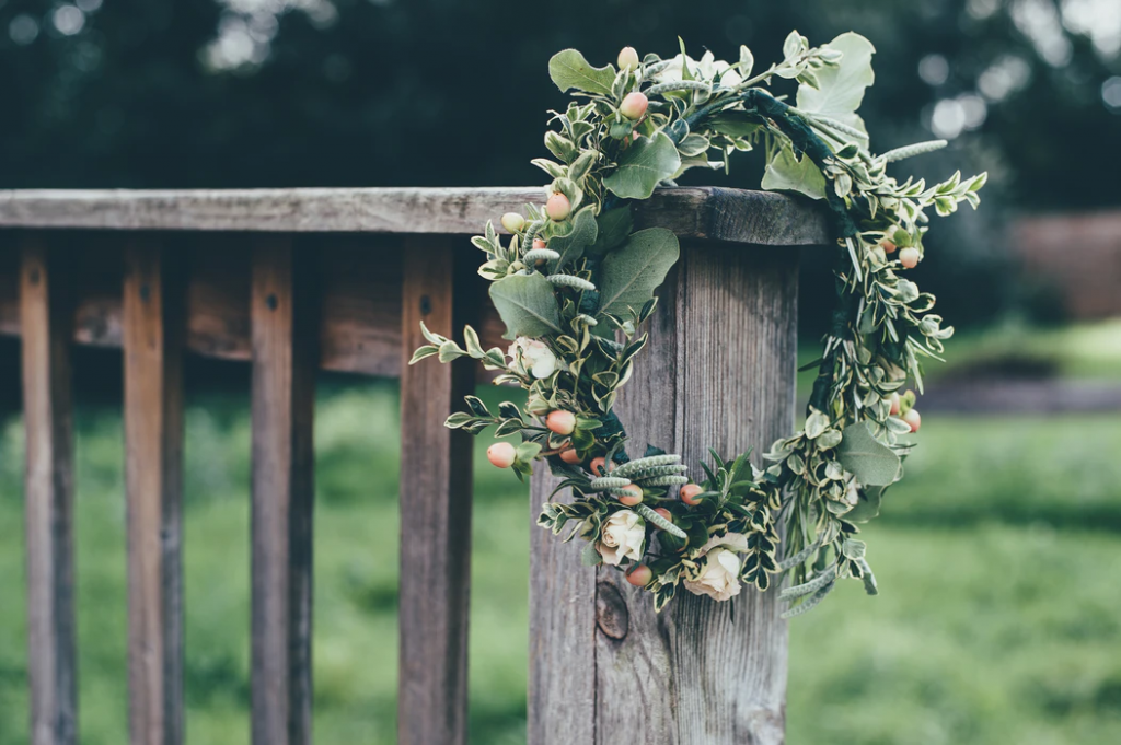 Wedding garland on a wood post