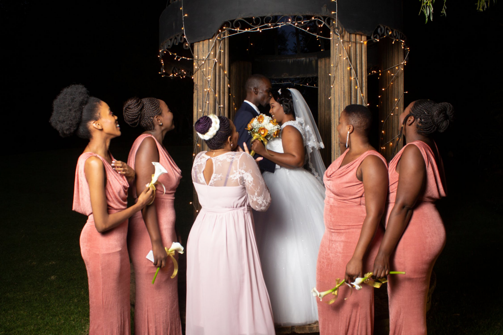 Bridal party in peach hues