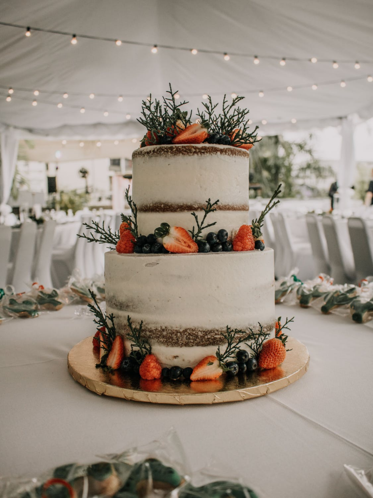 Naked wedding cake with berries and pine accents